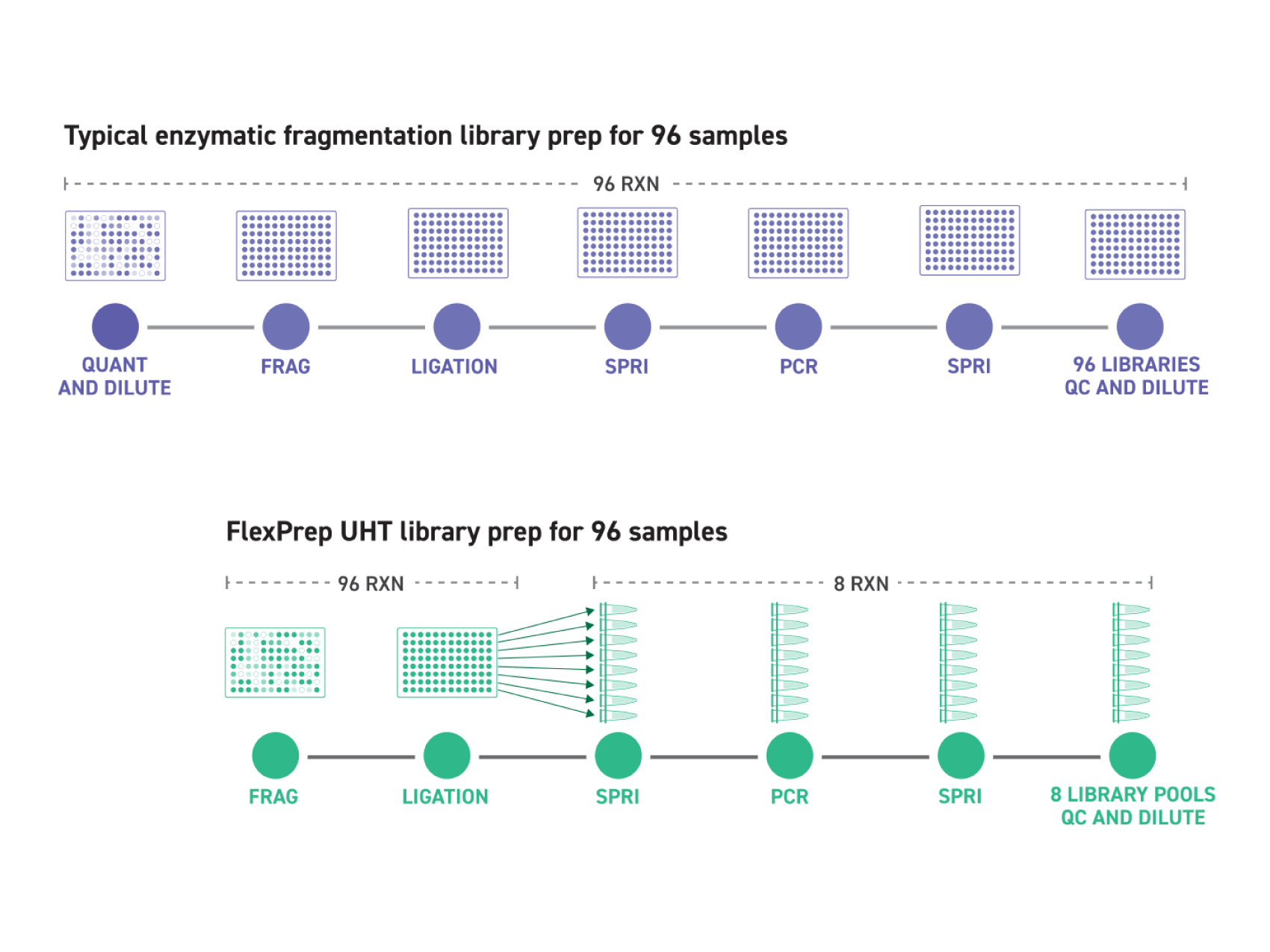 Diagram comparing a traditional enzymatic fragmentation NGS library preparation workflow with the Twist FlexPrep™ UHT Library Prep Kit. The illustration shows how Normalization by Ligation™ eliminates upfront and intermediate sample quantitation, reducing workflow steps, minimizing reactions from 96 to 8 after ligation, and streamlining next-generation sequencing (NGS) library preparation for 96 samples.