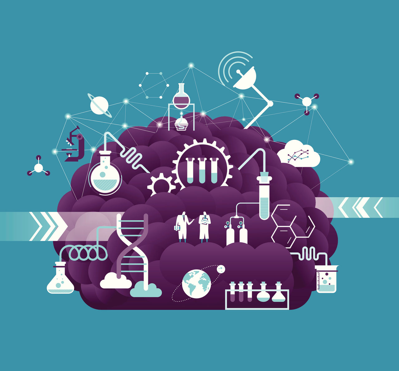 Image of brain with various biotech related icons coming off of it.