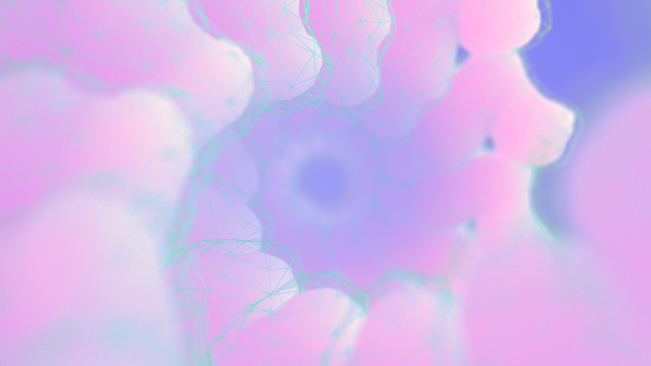 Pink and blue rendered image looking down the center of DNA helix spiraling away to a vanishing point at the center of the view.  
