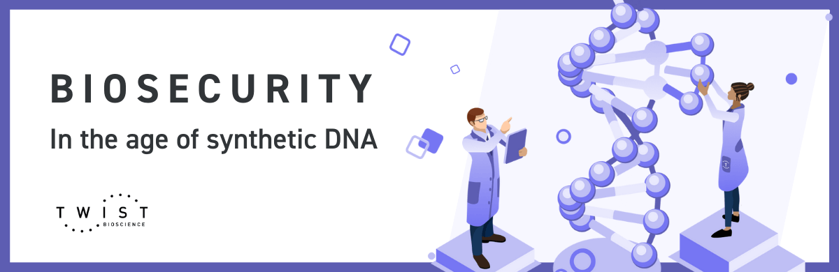 Cartoon of scientists picking apart a DNA Helix. Text: Biosecurity in the age of synthetic DNA