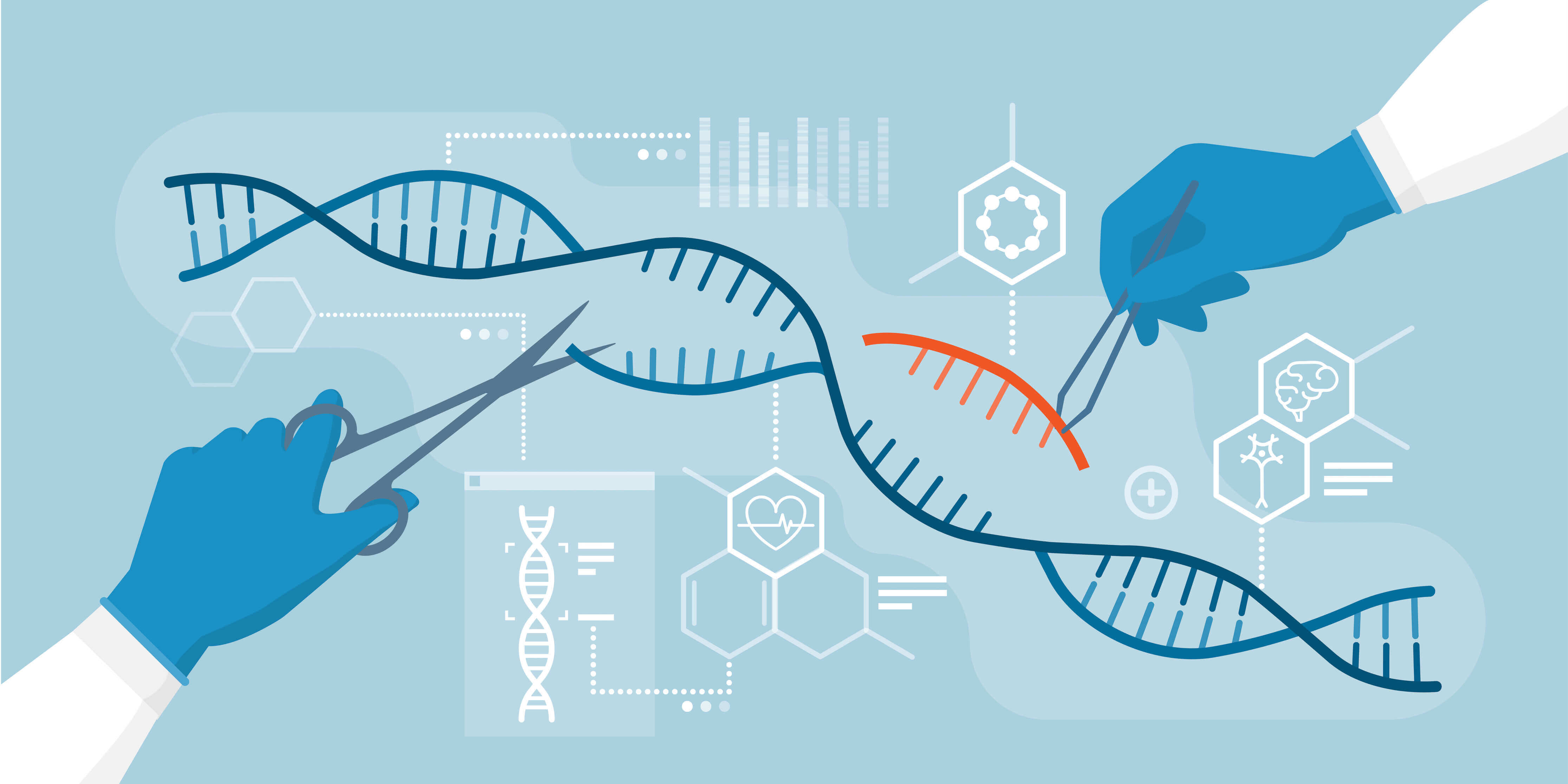 Cartoon illustration of scientists editing DNA