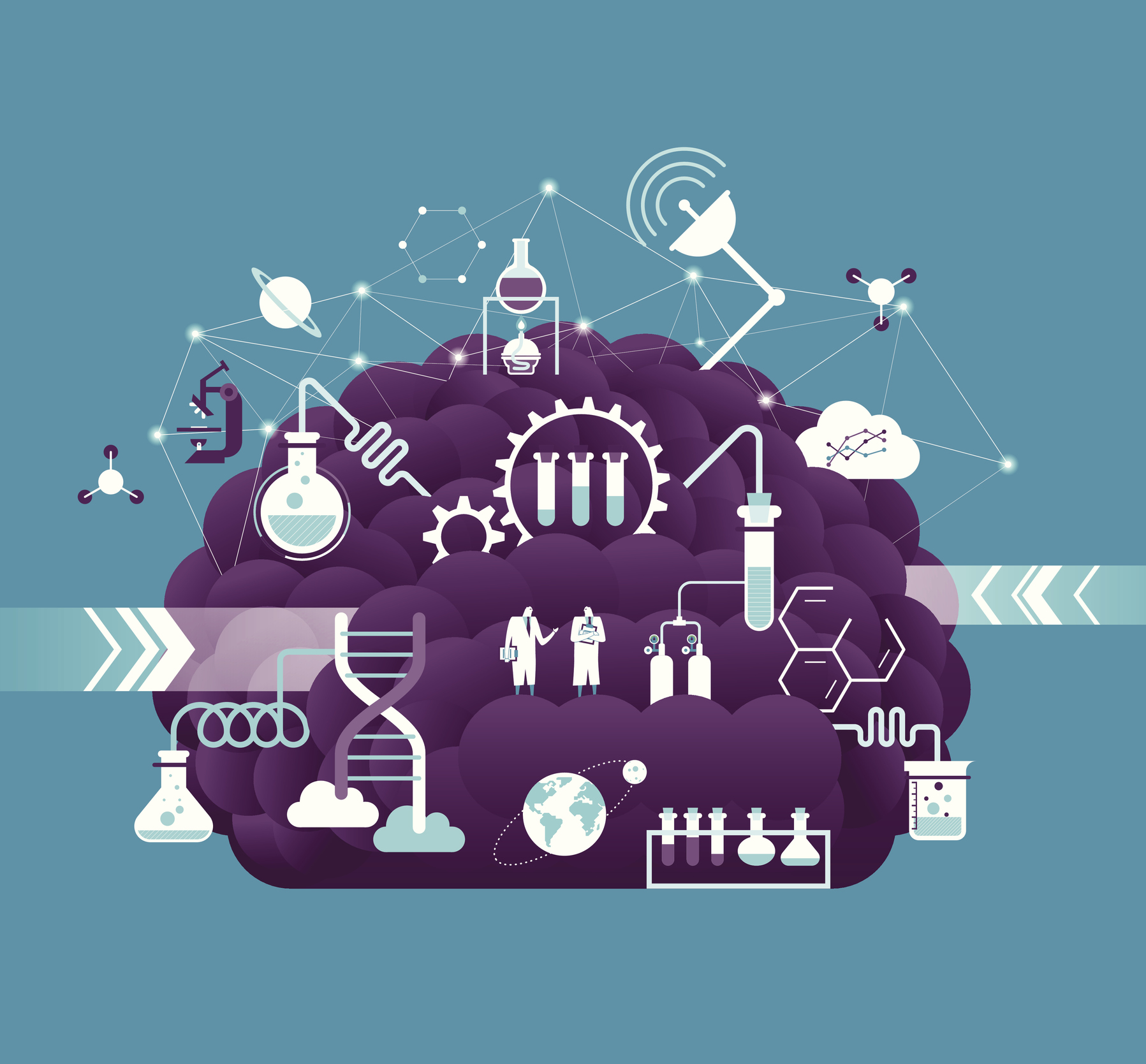 Image of brain with various biotech related icons coming off of it.