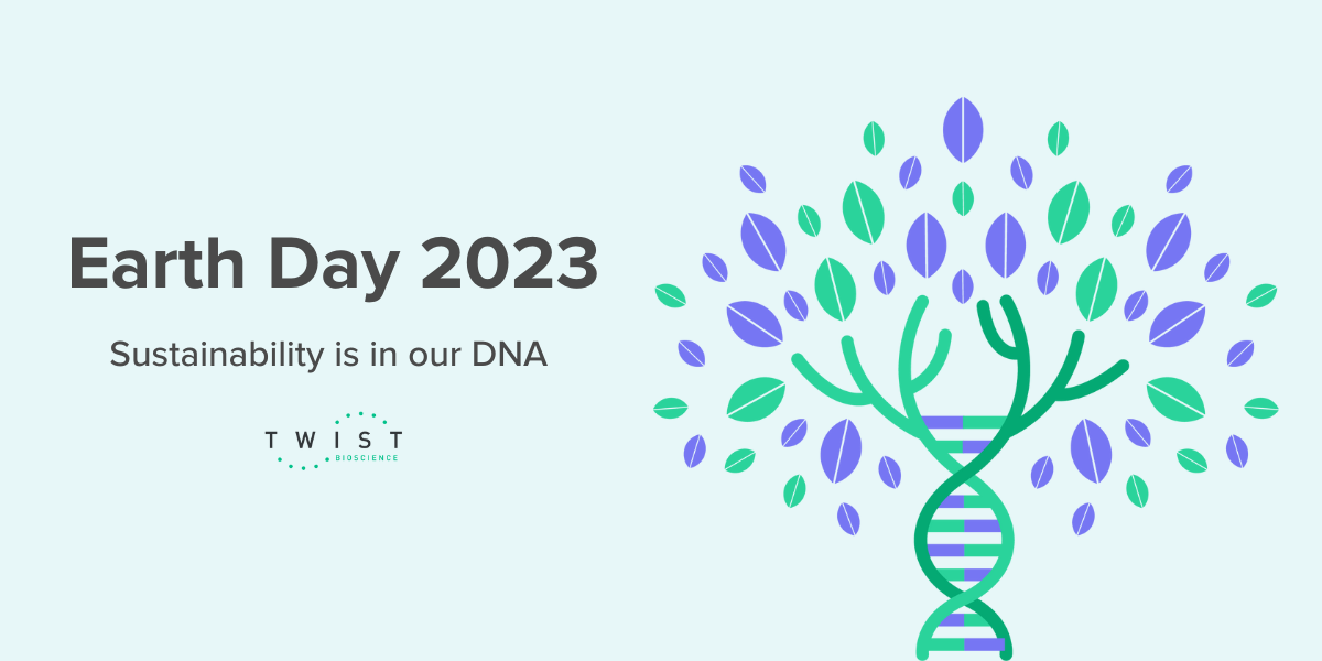 Cartoon rendering of a tree with a DNA helix as its trunk. To the left of the tree are the words "Earth Day 2023, sustainability is in our DNA" and the twist logo sits below the words.