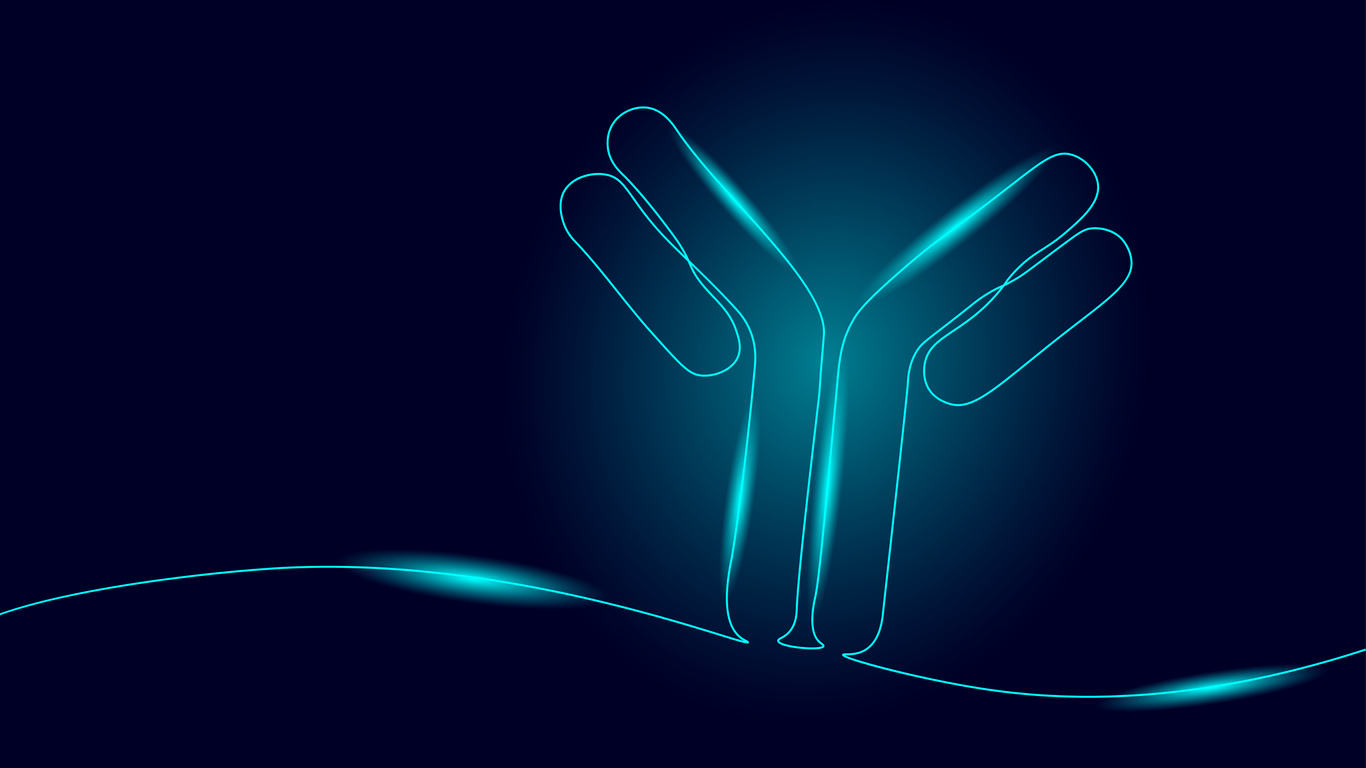 Rendering of a Y shaped antibody with blue neon lines.