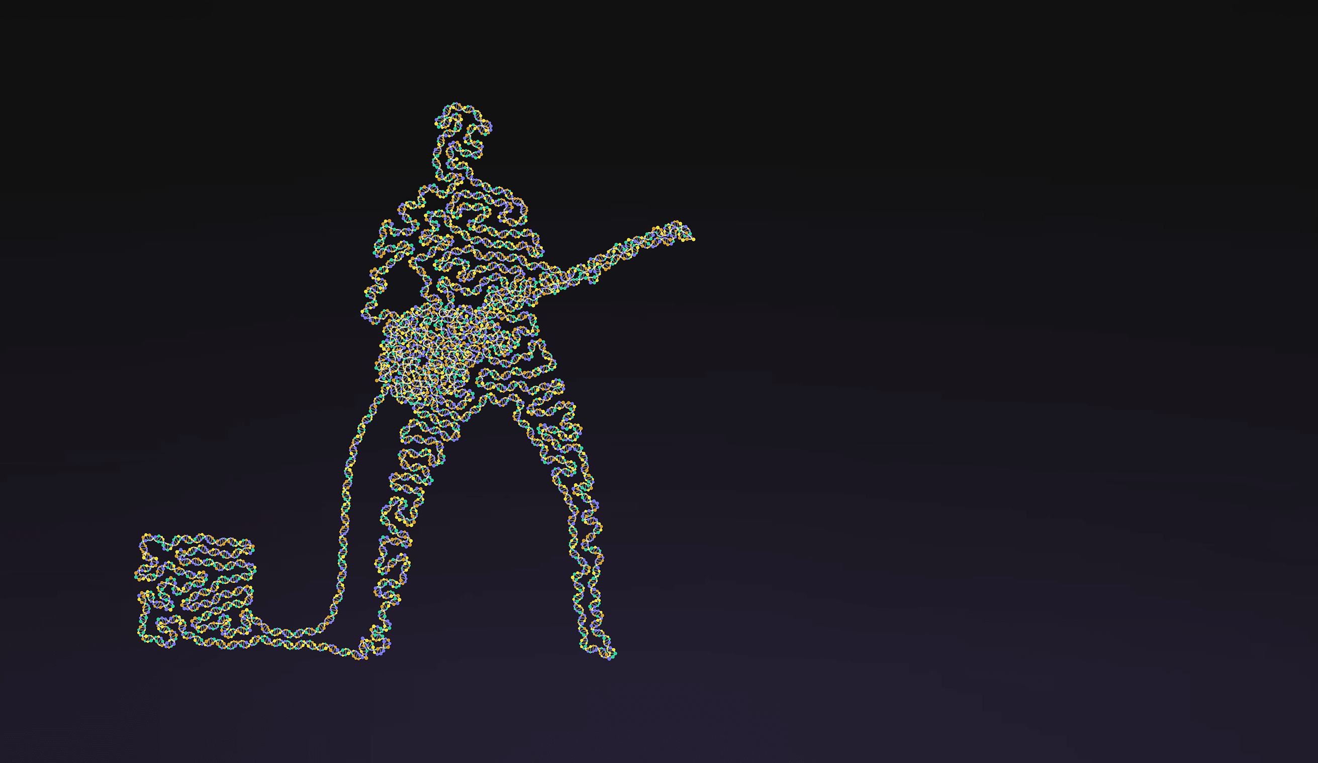 Cartoon of DNA coiled up and bunched up to form the silhouette of a person playing electric guitar