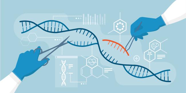 cartoon rendering of hand cutting DNA, representing CRISPR editing
