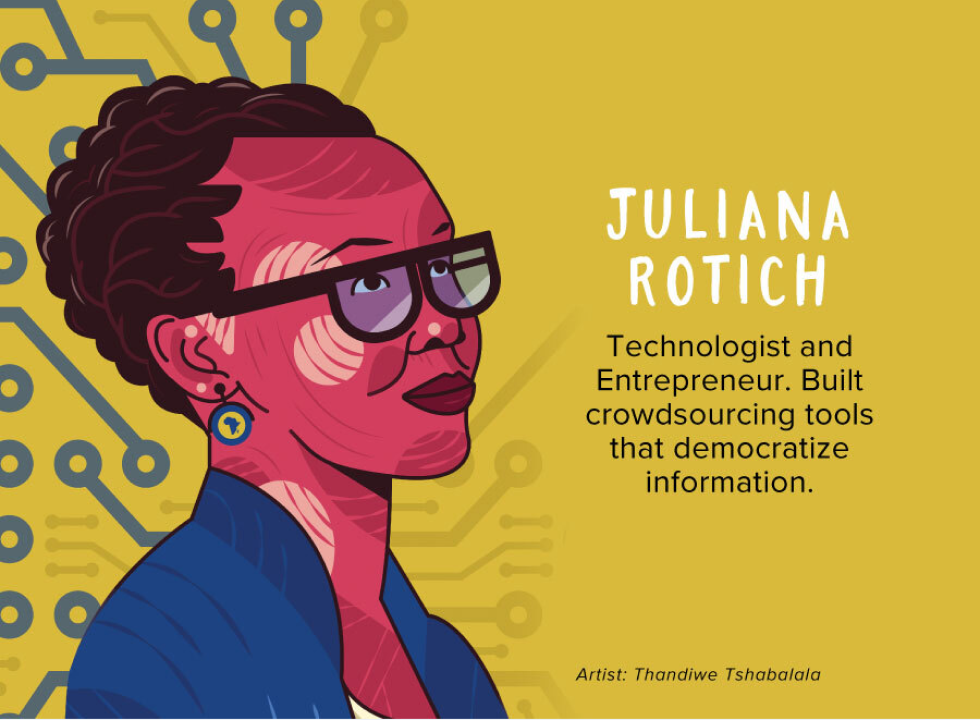 Cartoon rendering of Juliana Rotich with abstract neural networks in the background.