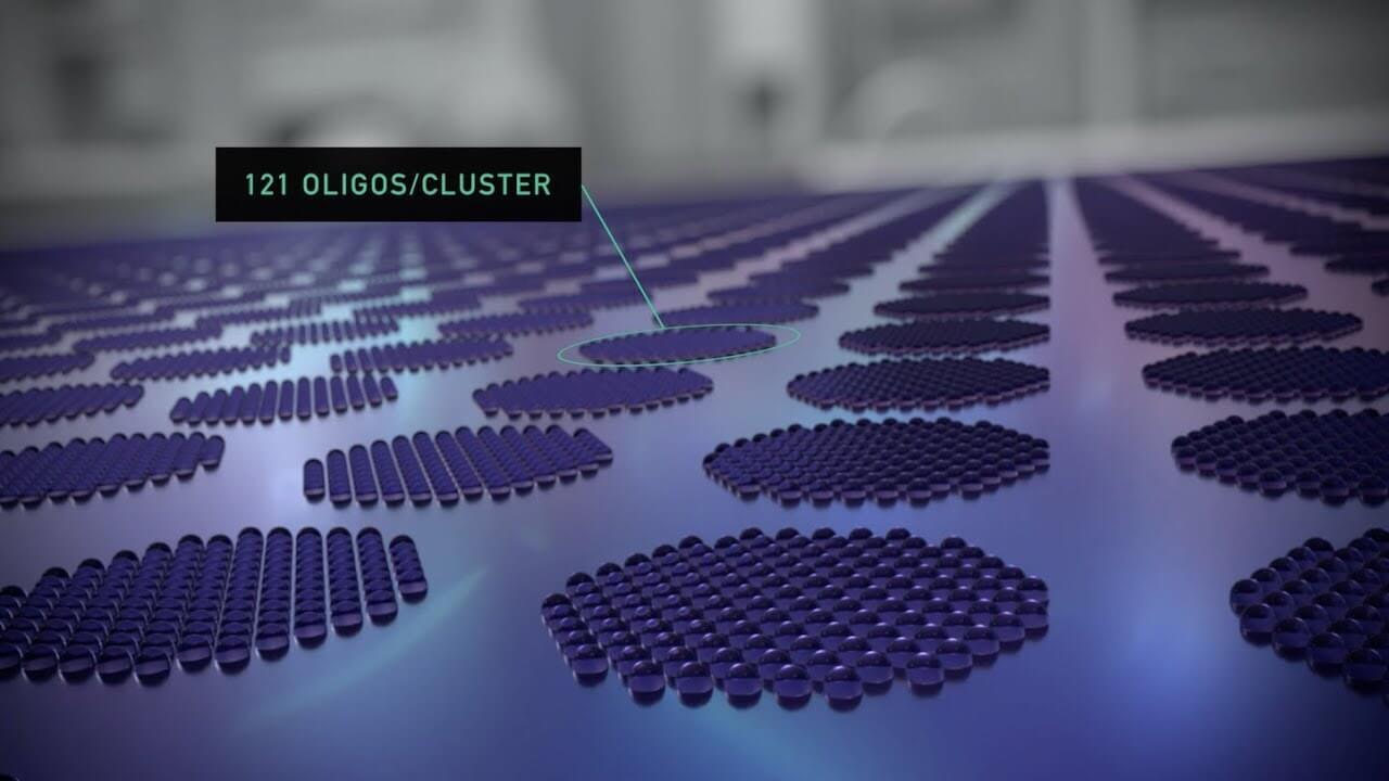 Una imagen del chip de síntesis de Twist que muestra los puntos en los que se sintetizan millones de oligonucleótidos